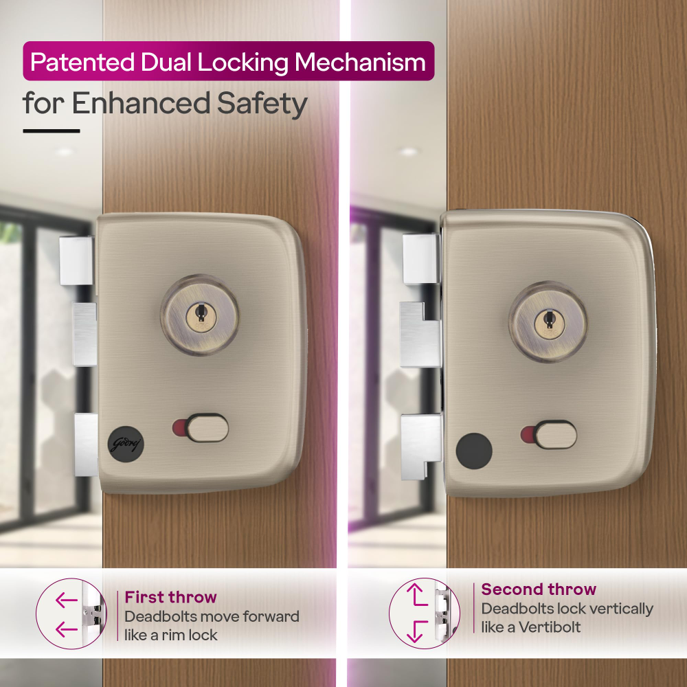 Godrej Locks I Rim Lock I Twin Bolt Compact 1Ck Latch Bolt I for Inside Opening Wooden Doors I Left or Right Handed Doors I 3 Keys I 1-Year Warranty I Textured Black Finish